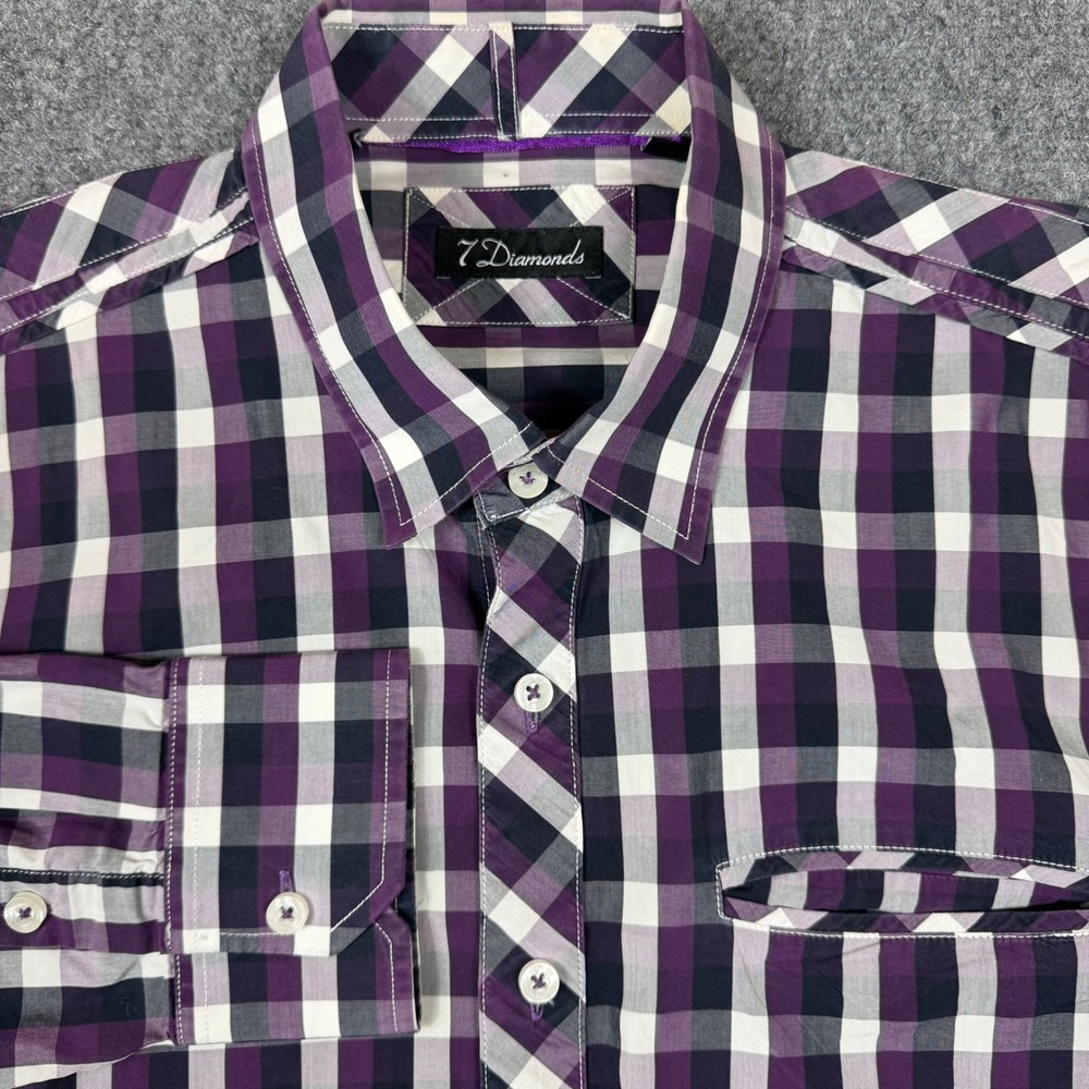 7 Diamonds Mens Medium Purple Black White Plaid Long Sleeve Button Down Shirt